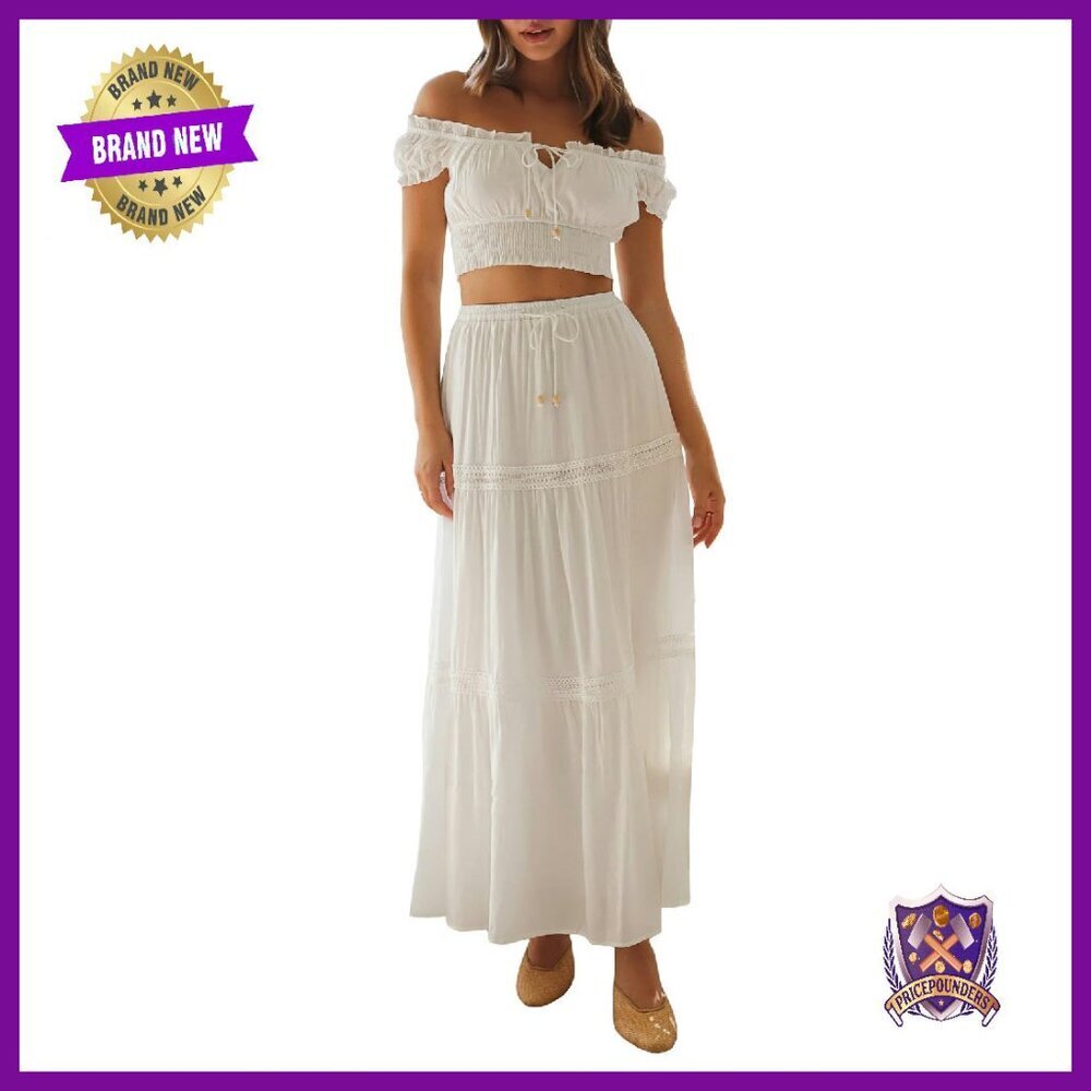 Off Shoulder Crop Top Maxi Skirt Set Summer Boho Outfit
